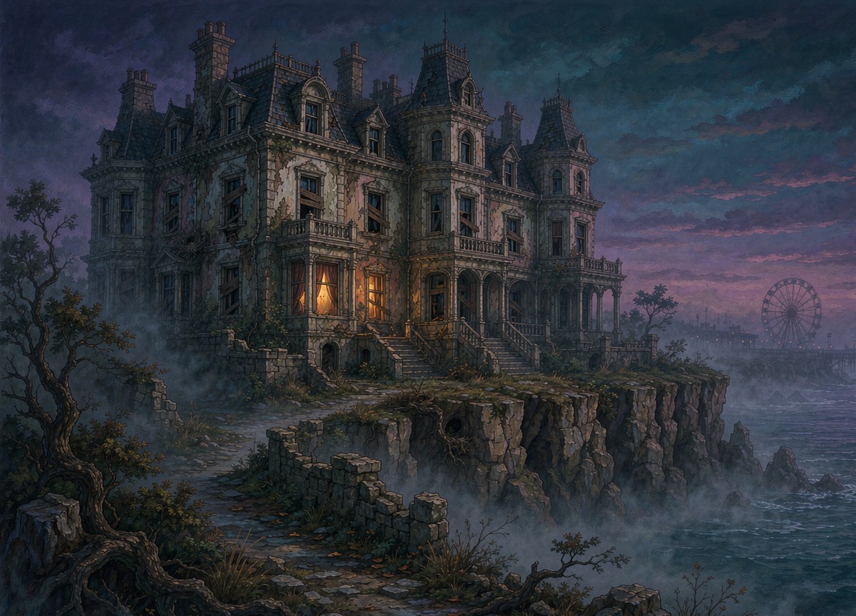 Illustration of the Grand hotel at dusk, the setting of There Are No Ghosts at the Grand